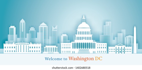 Washington DC, Landmarks Skyline Background, Paper Cutting Style, Capitol Dome, White House, Travel And Tourist Attraction