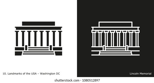 Washington DC - Lincoln Memorial. Famous American Landmark Icon In Line And Glyph Style.