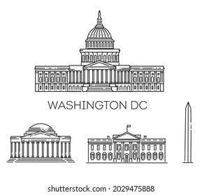 Washington DC, Line Art Vector illustration with all famous buildings