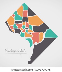 Washington DC Map with neighborhoods and modern round shapes