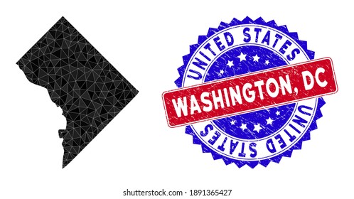 Washington DC map polygonal mesh with filled triangles, and rubber bicolor stamp seal. Triangle mosaic Washington DC map with mesh vector model, triangles have different sizes, and positions,