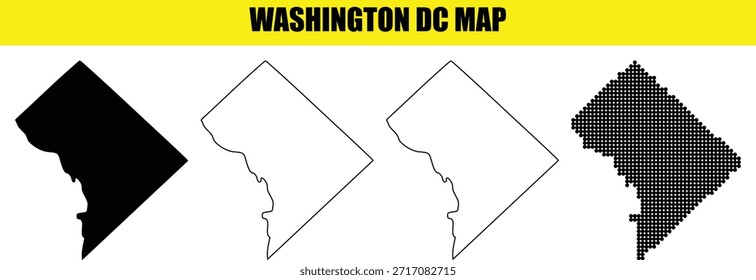 Conjunto de mapas de Washington DC con diversos estilos como la forma sólida de la línea de trazo y el efecto pixelado para las representaciones de la ciudad capital de los Estados Unidos sobre un fondo de cuadrícula con el encabezado del Anuncio amarillo