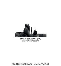 Washington D.C. panorama, vector badge, skyline logo and icon. USA capital city horizon logotype with landmarks and building silhouettes. Isolated foggy abstract gradient graphic