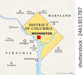 Washington, D.C., political map. District of Columbia, capital city and federal district of the United States. Located on the Potomac River, across from Virginia, sharing land borders with Maryland.