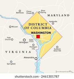 Washington, D.C., political map. District of Columbia, capital city and federal district of the United States. Located on the Potomac River, across from Virginia, sharing land borders with Maryland.