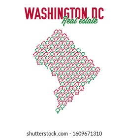 Washington, DC realty creative concept. Icons of houses with gardens in the shape of a map of District of Columbia. Vector illustration.