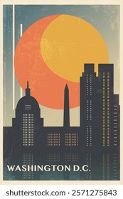 Washington D.C. retro city poster with abstract shapes of skyline, buildings. USA capital state vintage travel vector illustration, cityscape at sunrise, sunset