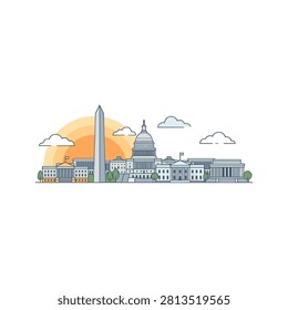 Washington dc skyline with capitol and monument under setting sun. Clean line art showing Washington DC landmarks against an orange sun. Includes the Capitol and Washington Monument. Ideal for travel guides, educational sites, or political news headers.