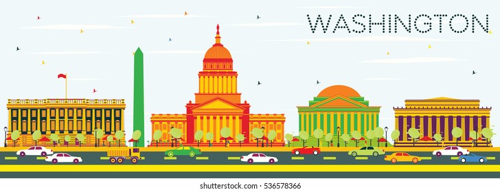 Washington DC Skyline with Color Buildings and Blue Sky. Vector Illustration. Business Travel and Tourism Concept with Historic Architecture. Image for Presentation Banner Placard and Web Site