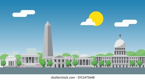 Washington DC skyline, District of Columbia, USA. Flat design vector illustration.