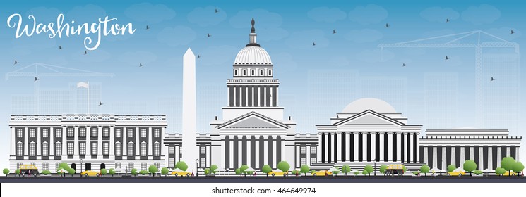 Washington DC Skyline with Gray Buildings and Blue Sky. Vector Illustration. Business Travel and Tourism Concept with Historic Buildings. Image for Presentation Banner Placard and Web Site.