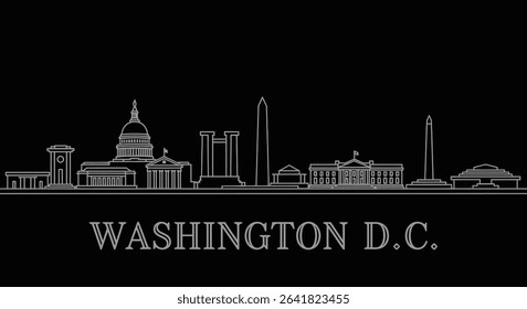 Washington DC Skyline with Line Art, and Black Background.