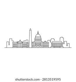 Washington dc skyline outline with famous landmarks. Minimalist black line art depicting iconic Washington DC landmarks like the Capitol and Washington Monument. Ideal for travel brochures or urban-themed web graphics.