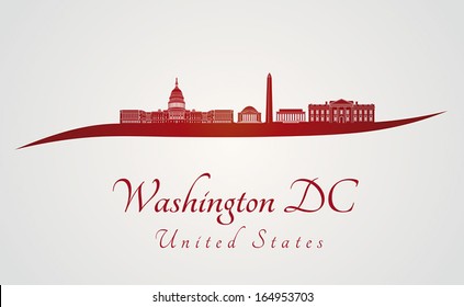 Washington DC skyline in red and gray background in editable vector file