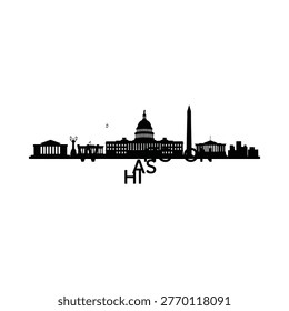 Washington dc skyline silhouette with textual elements in black and white
