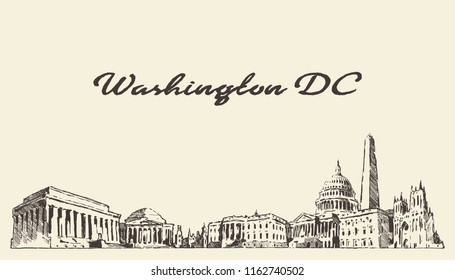 Washington DC Skyline, USA, Hand Drawn Vector Illustration, Sketch