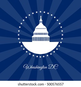 Washington DC symbol. White house and Capitol building arounded stars isolated on dark rays background. USA landmark. Vector illustration