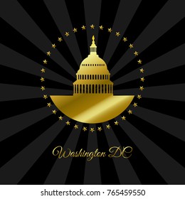 Washington DC symbol. White house and Capitol building around stars in gold isolated on dark rays background. USA landmark. Vector illustration