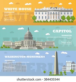 Washington DC Tourist Landmark Banners. Vector Illustration With American Famous Buildings. Capitol, White House, Washington Monument.