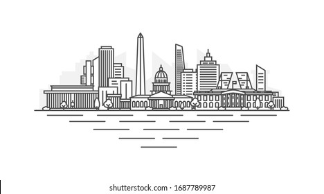 Dibujo de líneas de la línea de la línea de arquitectura de Washington, D.C., Estados Unidos de América (EE.UU.). Paisaje de ciudad vectorial lineal con puntos de referencia famosos, vistas de la ciudad, iconos de diseño. Paisaje con trazos editables.