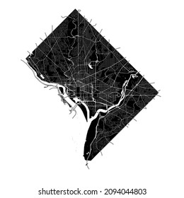 Washington, D.C., United States, high resolution vector map with city boundaries, and editable paths. The city map was drawn with white areas and lines for main roads, side roads and watercourses.