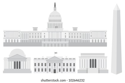 Washington DC US Capitol Building Monument Jefferson and Lincoln Memorial Illustration