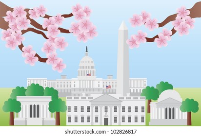Washington DC US Capitol Building Monument Jefferson and Lincoln Memorial with Cherry Blossoms Illustration