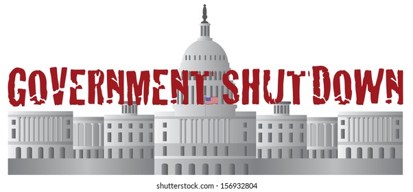 Washington DC US Capitol Building Government Shutdown Red Text Outline Vector Illustration