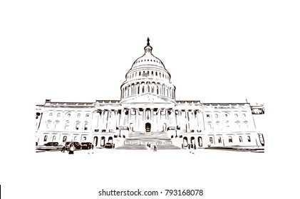 Washington DC, US Capitol Building. Hand Drawn Sketch Illustration In Vector.