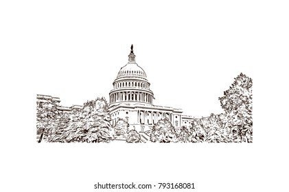 Washington DC, US Capitol Building. Hand Drawn Sketch Illustration In Vector.