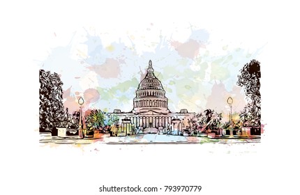 Washington DC, US Capitol Building. Watercolor Splash With Sketch Illustration In Vector.