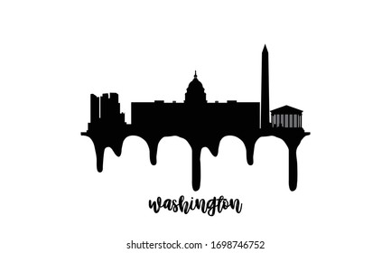 Washington DC USA black skyline silhouette vector illustration on white background with dripping ink effect.