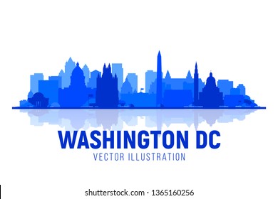 Washington DC, (USA) city skyline vector illustration at sky background. Business travel and tourism concept with modern buildings. Image for presentation, banner, web site.