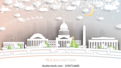 Washington DC USA City Skyline in Paper Cut Style with Snowflakes, Moon and Neon Garland. Vector Illustration. Christmas and New Year Concept. Santa Claus on Sleigh. 