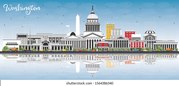 Washington DC USA City Skyline with Gray Buildings, Blue Sky and Reflections. Vector Illustration. Business Travel and Tourism Concept with Historic Buildings. Washington DC Cityscape with Landmarks.