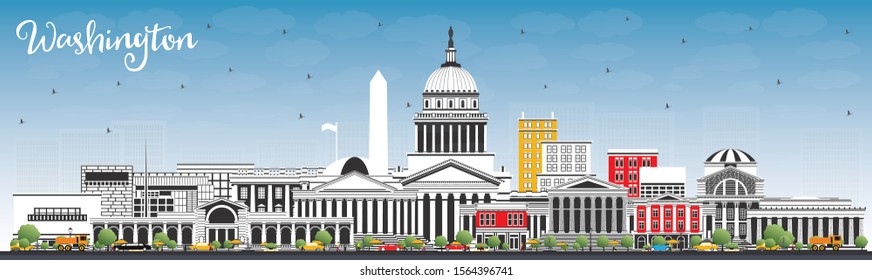 Washington DC USA City Skyline with Gray Buildings and Blue Sky. Vector Illustration. Business Travel and Tourism Concept with Historic Buildings. Washington DC Cityscape with Landmarks.