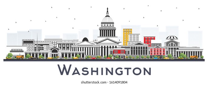 Washington DC USA City Skyline with Gray Buildings Isolated on White. Vector Illustration. Business Travel and Tourism Concept with Historic Buildings. Washington DC Cityscape with Landmarks.