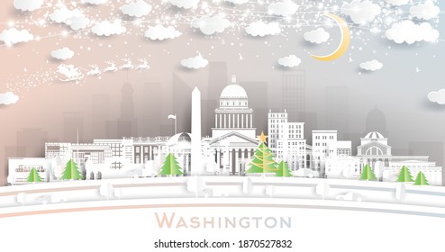 Washington DC USA City Skyline in Paper Cut Style with Snowflakes, Moon and Neon Garland. Vector Illustration. Christmas and New Year Concept. Santa Claus on Sleigh.