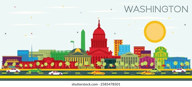 Washington DC USA City Skyline with color Buildings and Blue Sky. Vector Illustration. Business Travel and Tourism Concept with Historic Buildings. Washington DC Cityscape with Landmarks.