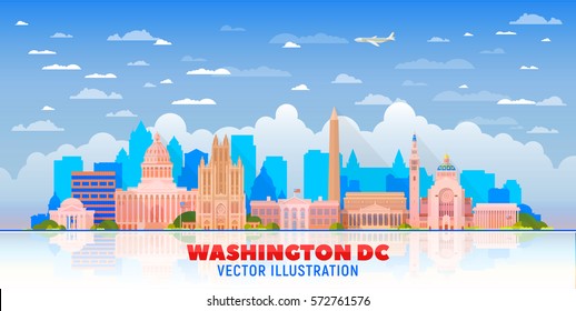 Washington DC, (USA) city skyline vector illustration on sky background.Business travel and tourism concept with modern buildings. Image for presentation, banner, web site.