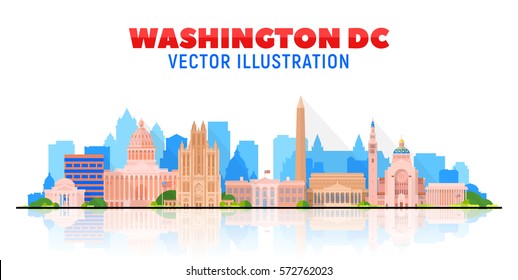 Washington DC, (USA) City Skyline Vector Illustration On Sky Background.Business Travel And Tourism Concept With Modern Buildings. Image For Presentation, Banner, Web Site.