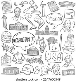 Washington, DC, USA Doodle Icons. Hand Made Line Art. United States Clipart Logotype Symbol Design.