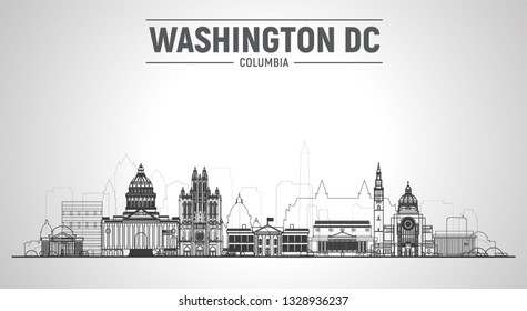 Washington DC, (USA) line city skyline vector illustration on sky background.Business travel and tourism concept with modern buildings. Image for presentation, banner, web site.