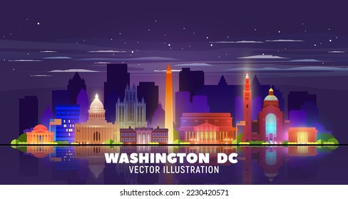 Washington DC, (USA) night city skyline vector illustration. Business travel and tourism concept with modern buildings. Image for presentation, banner, and website.