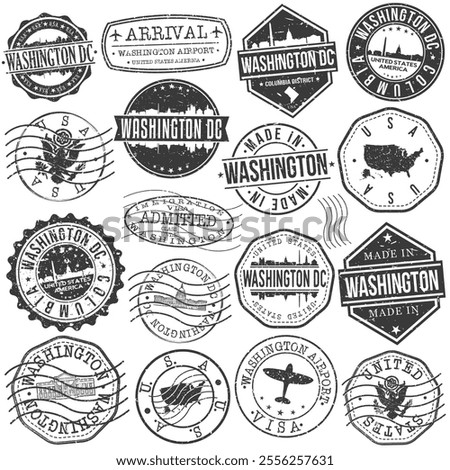 Washington, DC, USA Set of Stamps. City Travel Marks. Made In Product. Design Seals Old Style Insignia.