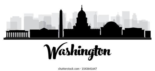 Washington DC USA Skyline Silhouette with Black Buildings Isolated on White. Vector Illustration.