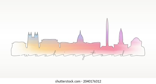 Washington, DC, USA Skyline Watercolor City Illustration. Famous Buildings Silhouette Hand Drawn Doodle Art. Vector Landmark Sketch Drawing.