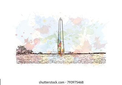 Washington DC, USA at the tidal basin with Washington Monument. Watercolor splash with sketch illustration in vector.