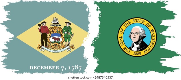 Washington and Delaware states grunge brush flags connection, vector