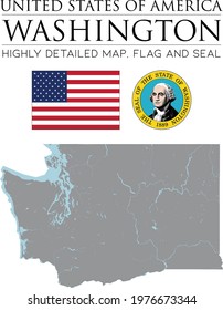 Washington Detailed Map , Flag and Seal 